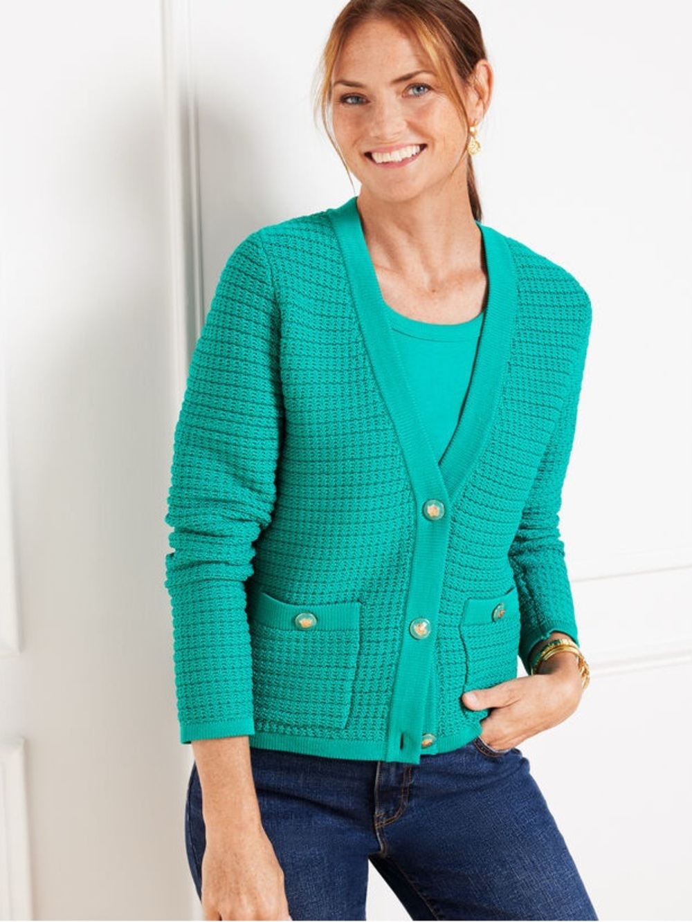 Talbots Teal Button-Front Kate Knit Cardigan